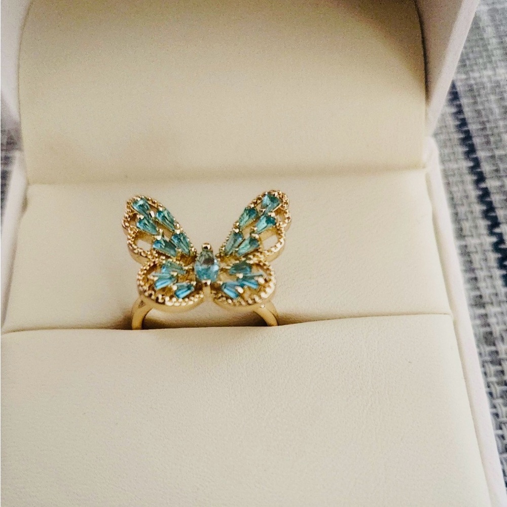 18k Gold Plated Butterfly Ring with Blue Accents  non tarnish Adjustable